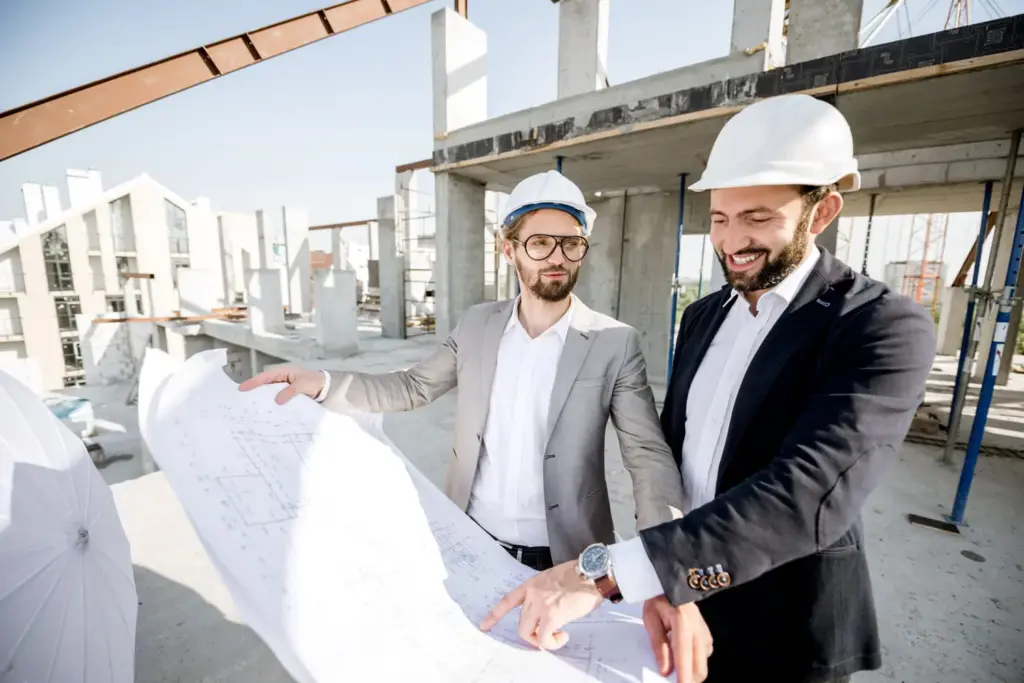 Two construction professionals wearing hard hats reviewing building plans at a construction site